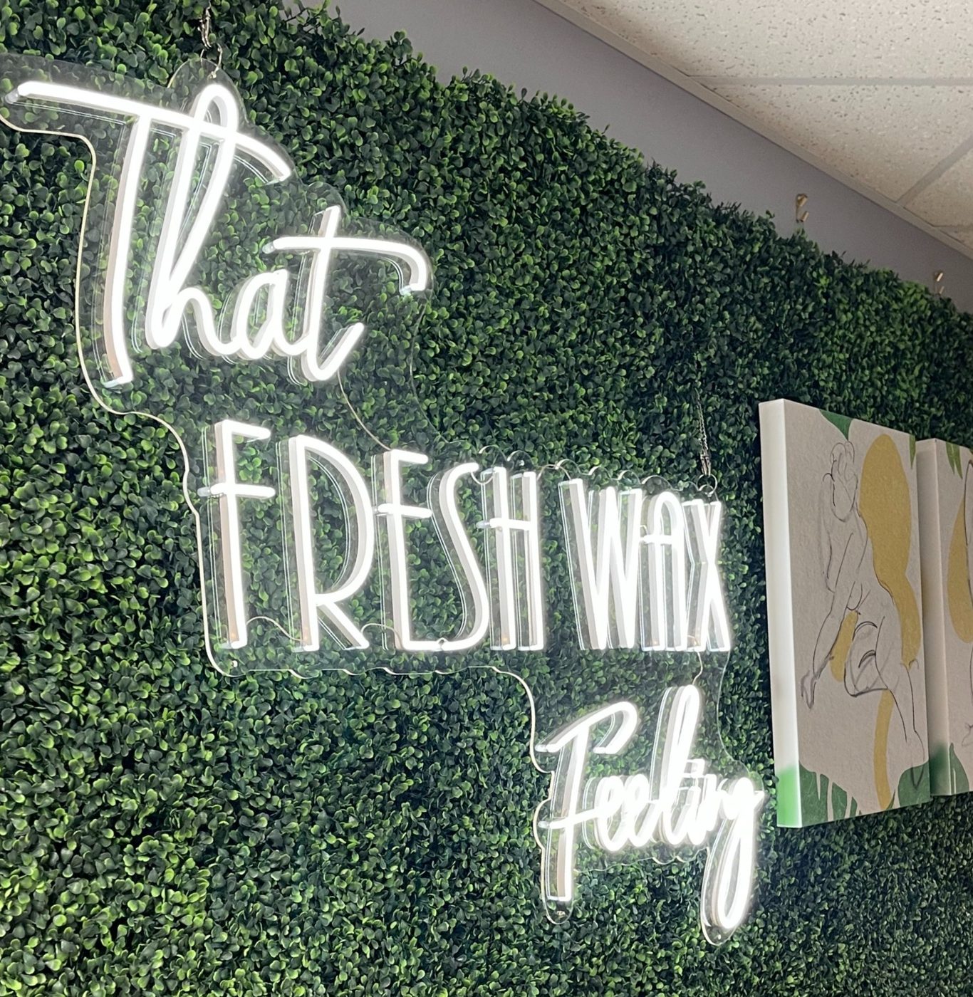 Neon sign reading 'That Fresh Wax Feeling' on a boxwood wall inside Fresh Wax Center